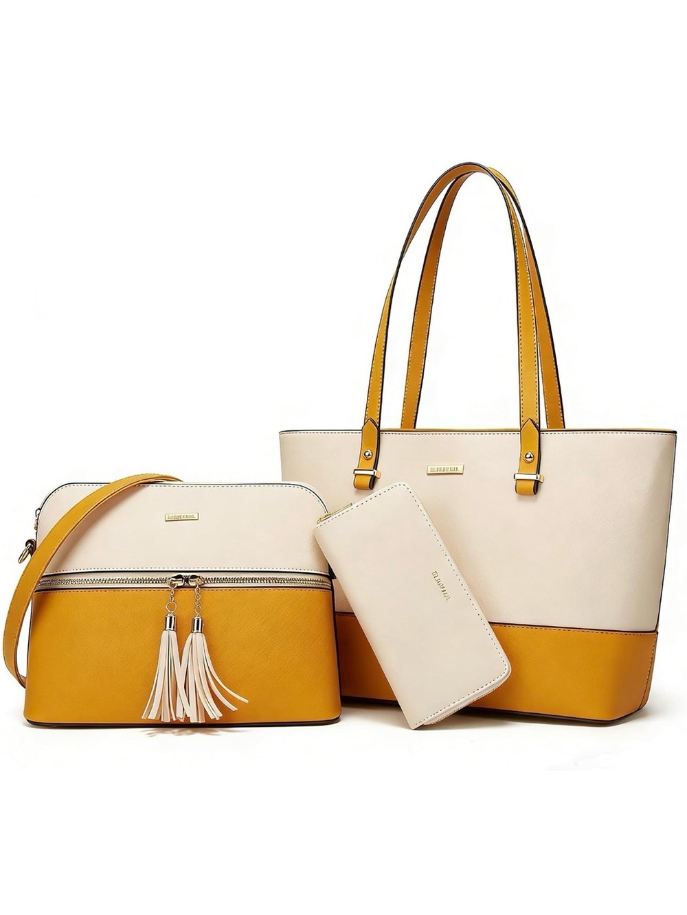 Two-Tone Cream and Mustard Yellow Women’s Tote Set with Crossbody and Wristlet
